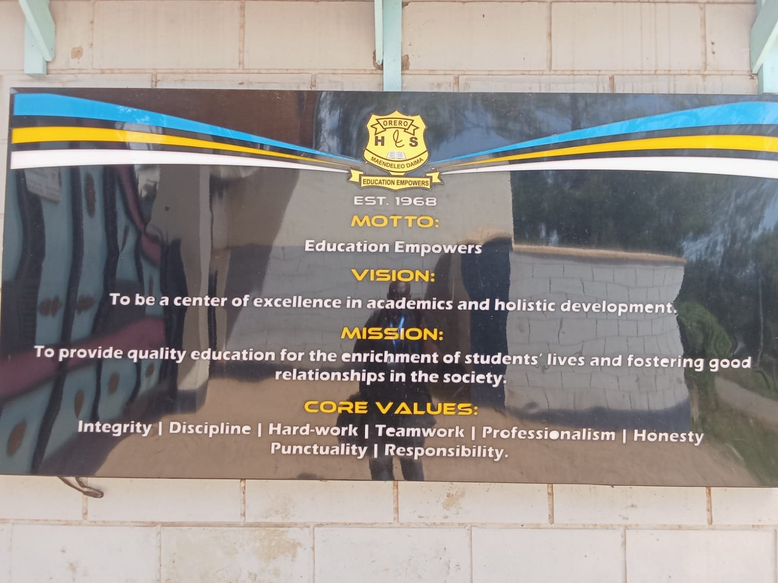 Orero High School vision, mission and core values plaque